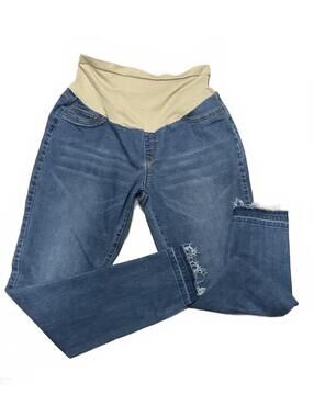 Hybrid & Company Maternity Jeans Blue Denim Beige Knit Panel Plus 2X